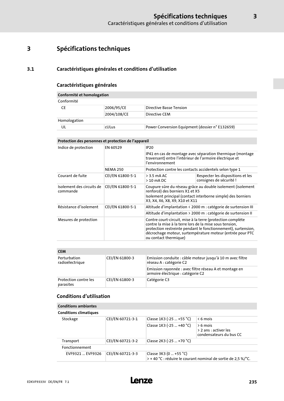 Spécifications techniques, 3spécifications techniques | Lenze EVF9333 User Manual | Page 235 / 324