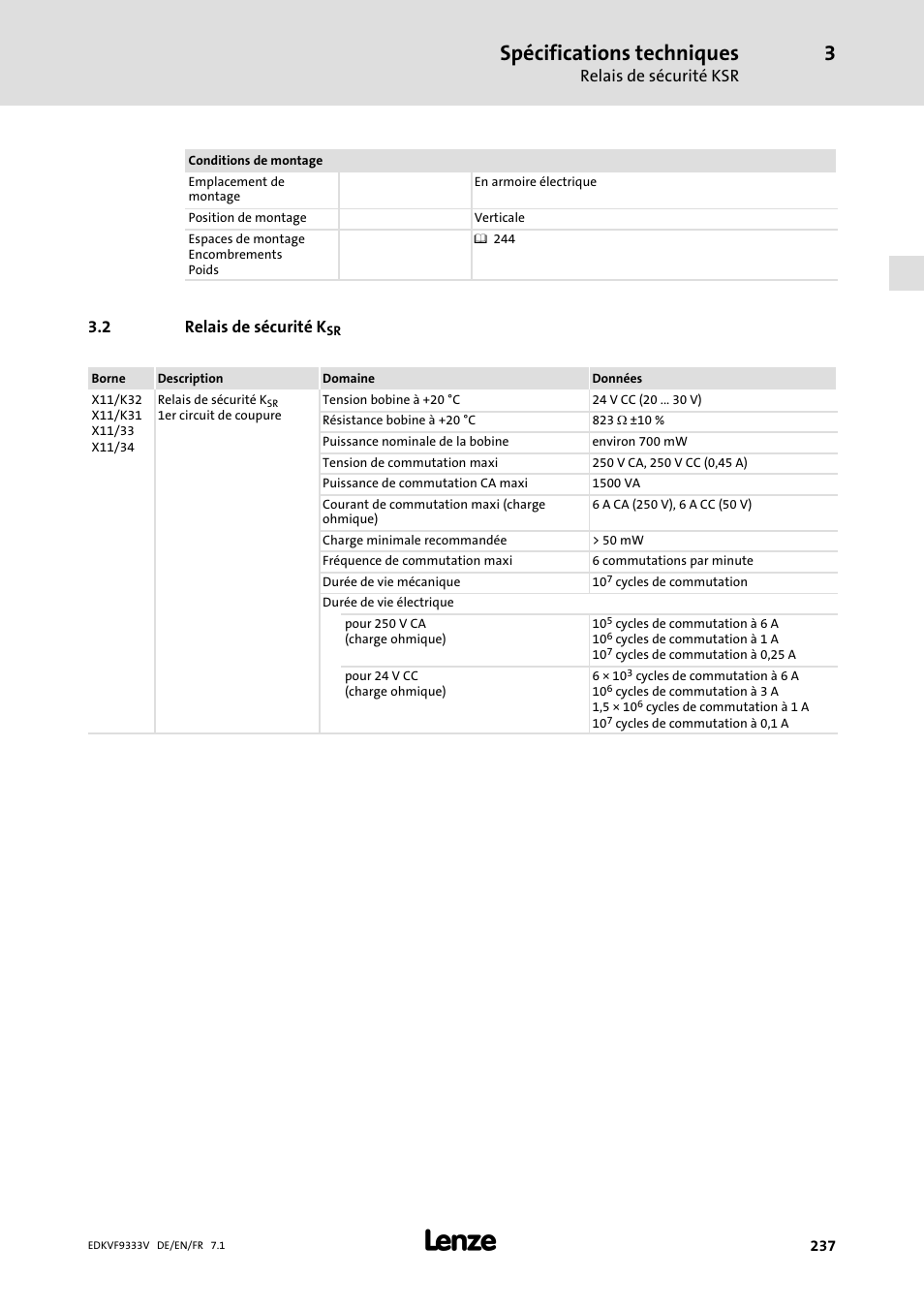Relais de sécurité ksr, Spécifications techniques | Lenze EVF9333 User Manual | Page 237 / 324