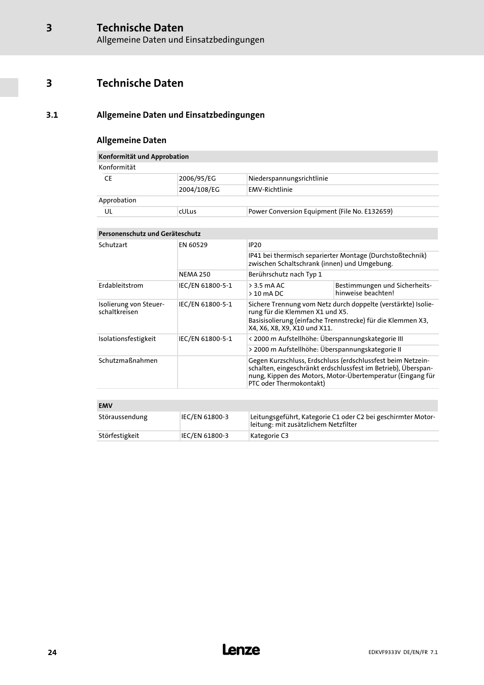 Technische daten, Allgemeine daten und einsatzbedingungen, 3technische daten | Lenze EVF9333 User Manual | Page 24 / 324