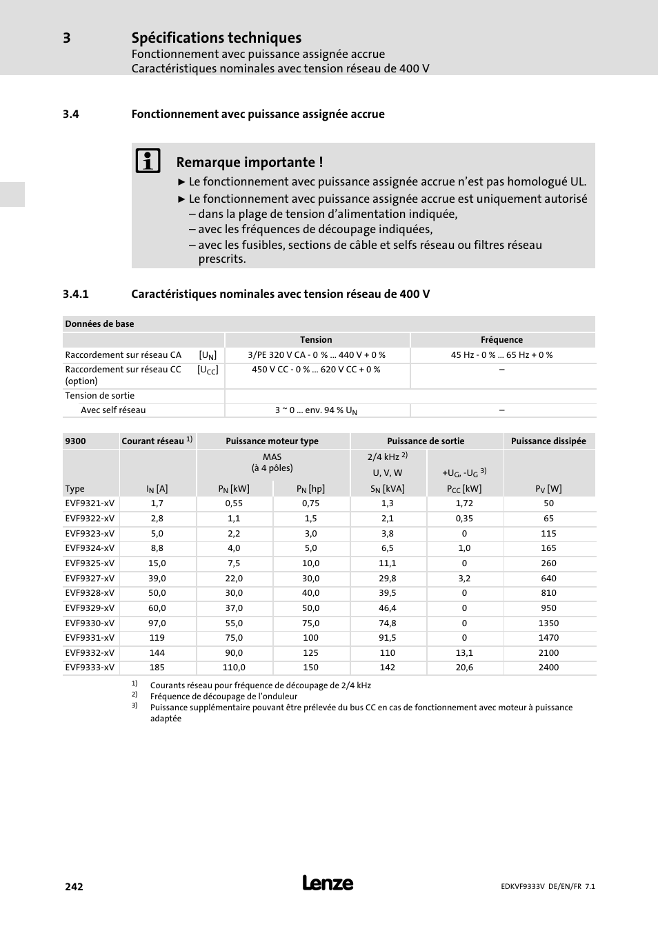 Fonctionnement avec puissance assignée accrue, Spécifications techniques, Remarque importante | 4 fonctionnement avec puissance assignée accrue | Lenze EVF9333 User Manual | Page 242 / 324