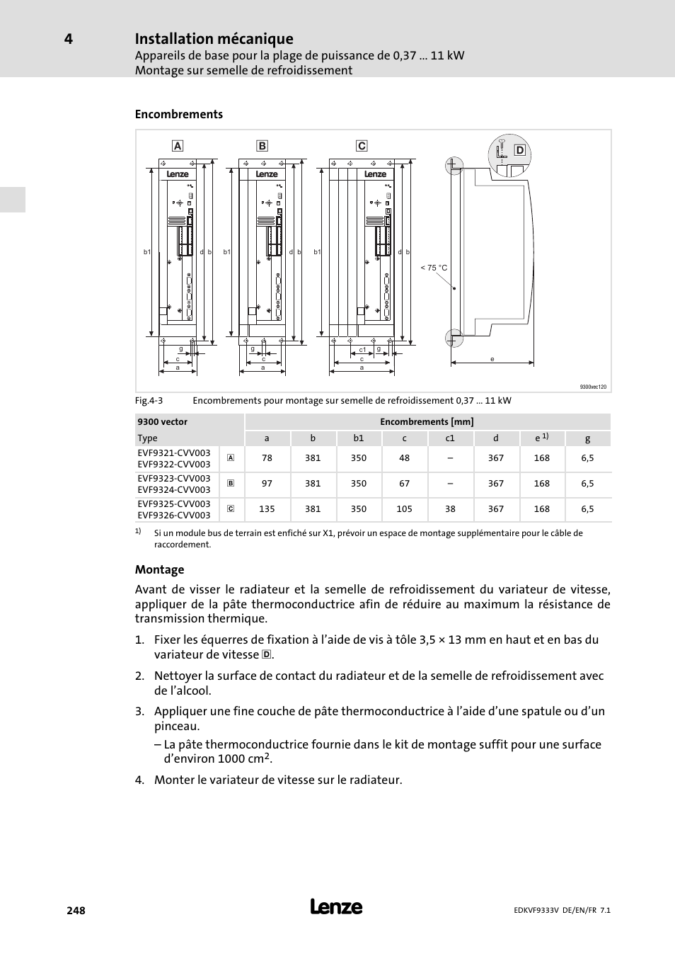 Installation mécanique | Lenze EVF9333 User Manual | Page 248 / 324