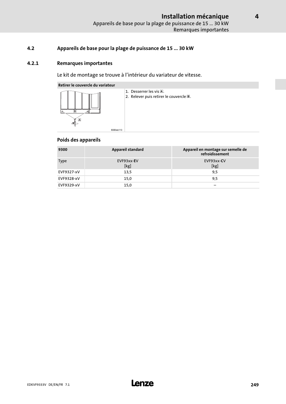 Remarques importantes, Installation mécanique | Lenze EVF9333 User Manual | Page 249 / 324