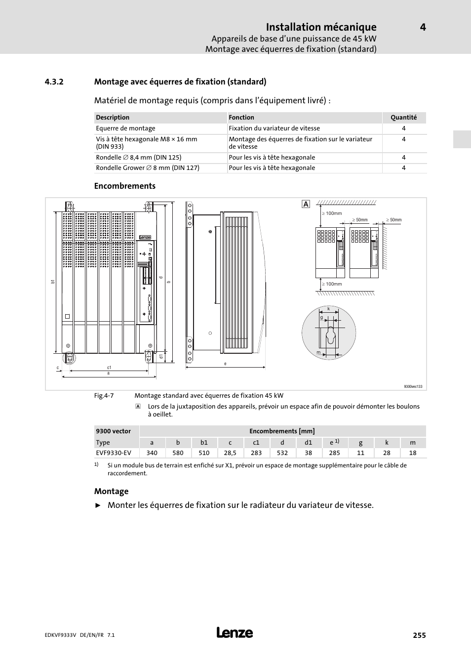 Montage avec équerres de fixation (standard), Installation mécanique, Encombrements | Montage | Lenze EVF9333 User Manual | Page 255 / 324