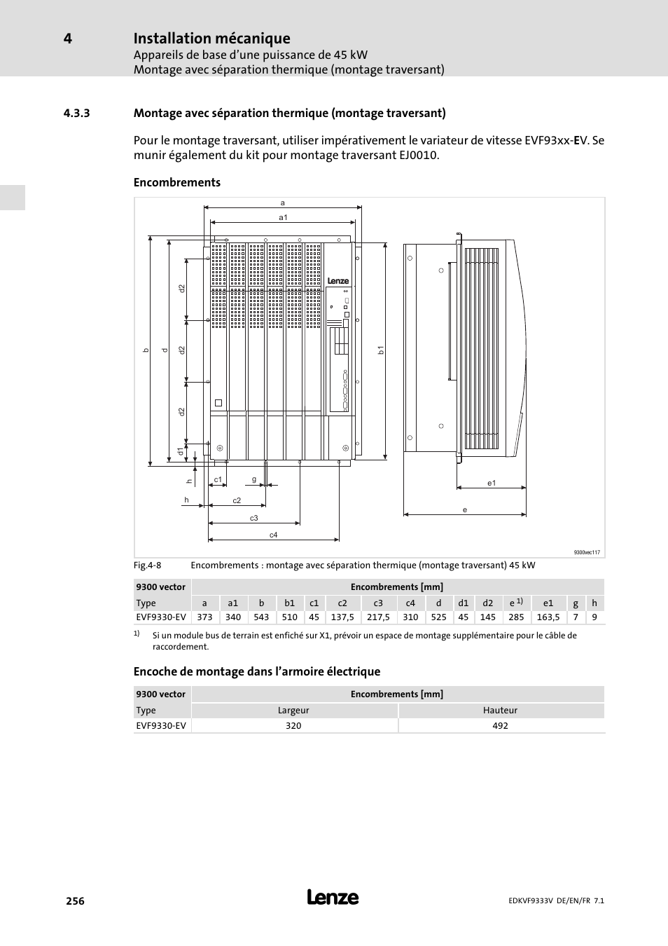 Installation mécanique, Encoche de montage dans l’armoire électrique | Lenze EVF9333 User Manual | Page 256 / 324