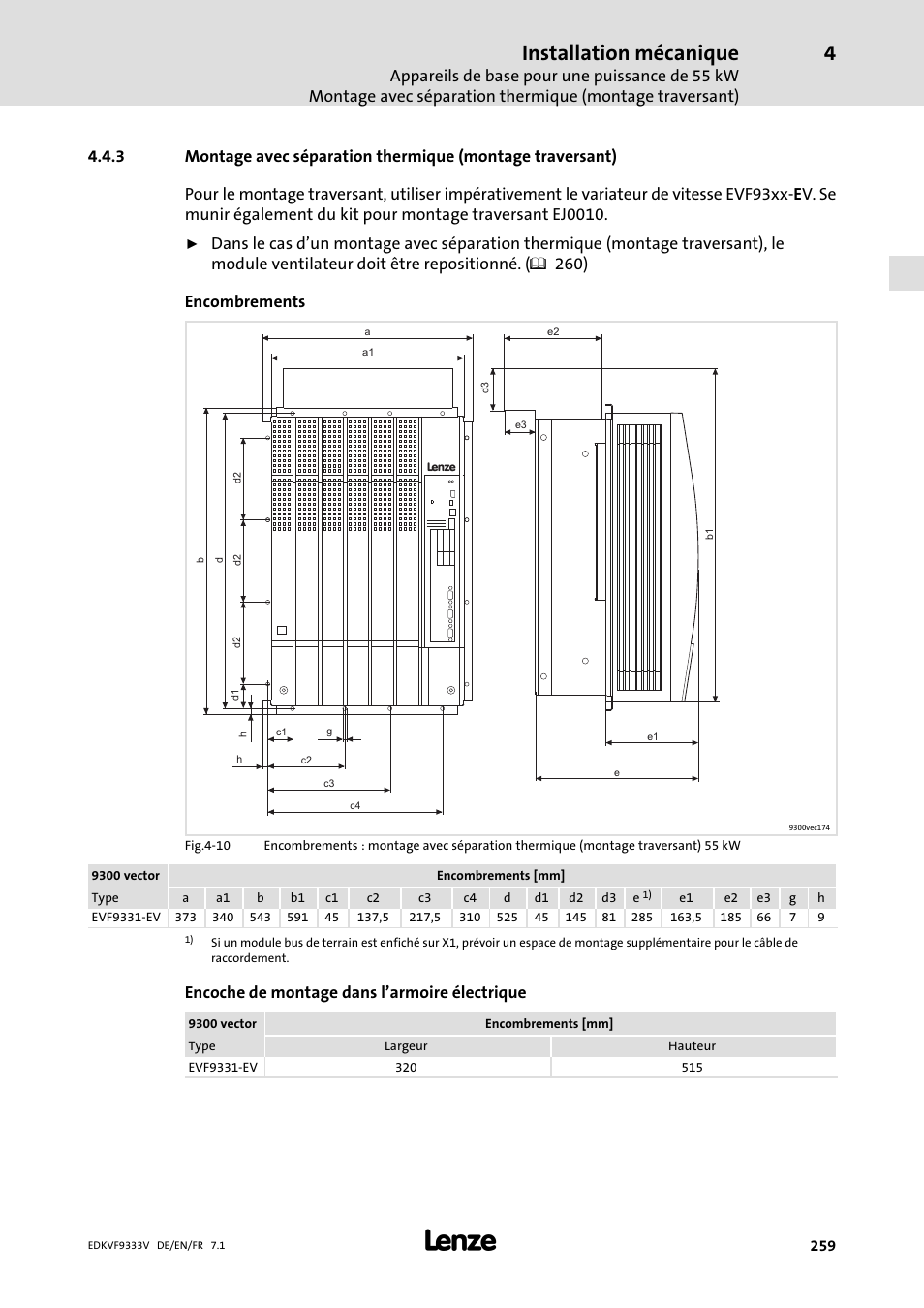 Installation mécanique, Encoche de montage dans l’armoire électrique | Lenze EVF9333 User Manual | Page 259 / 324