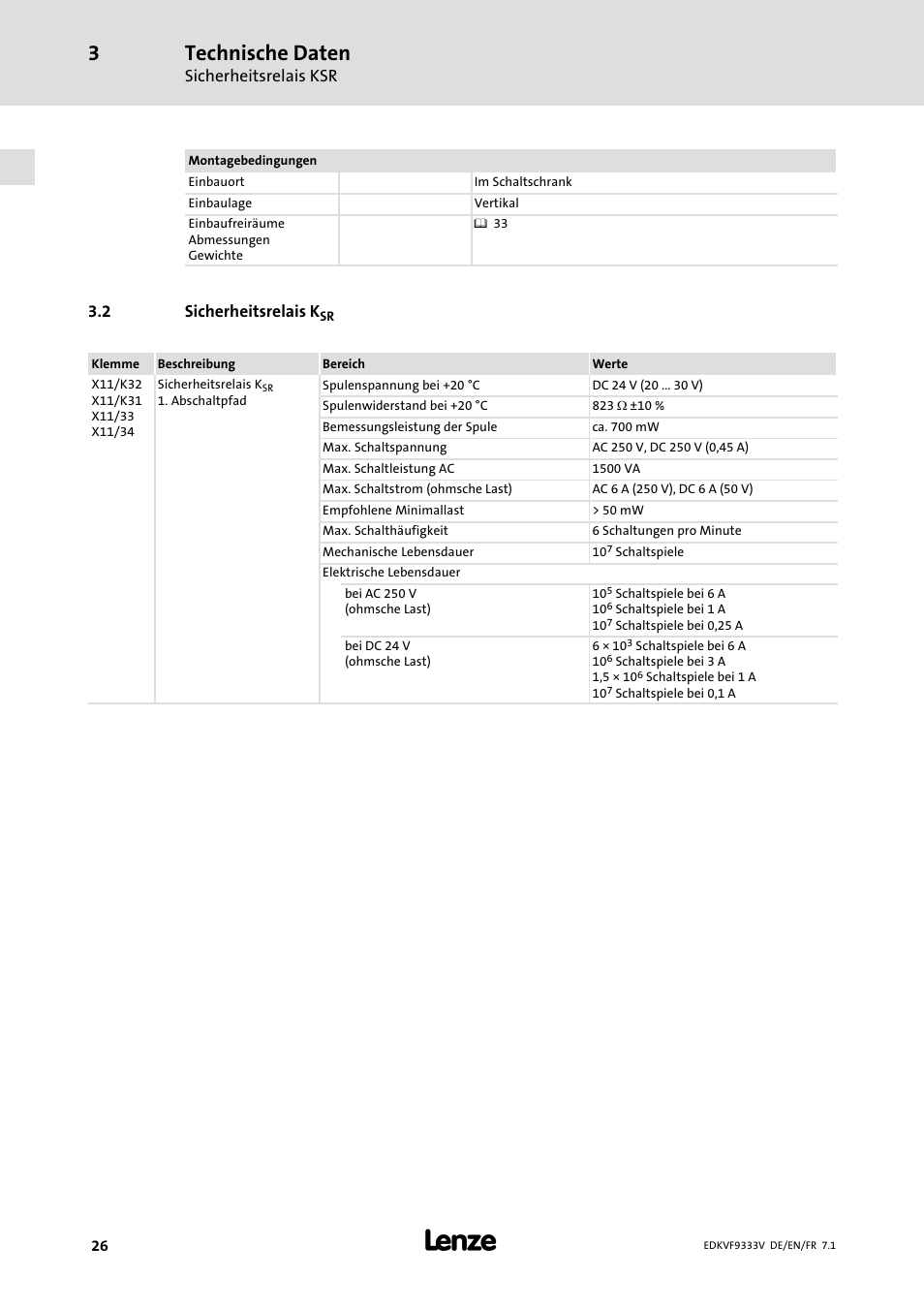 Sicherheitsrelais ksr, Technische daten | Lenze EVF9333 User Manual | Page 26 / 324