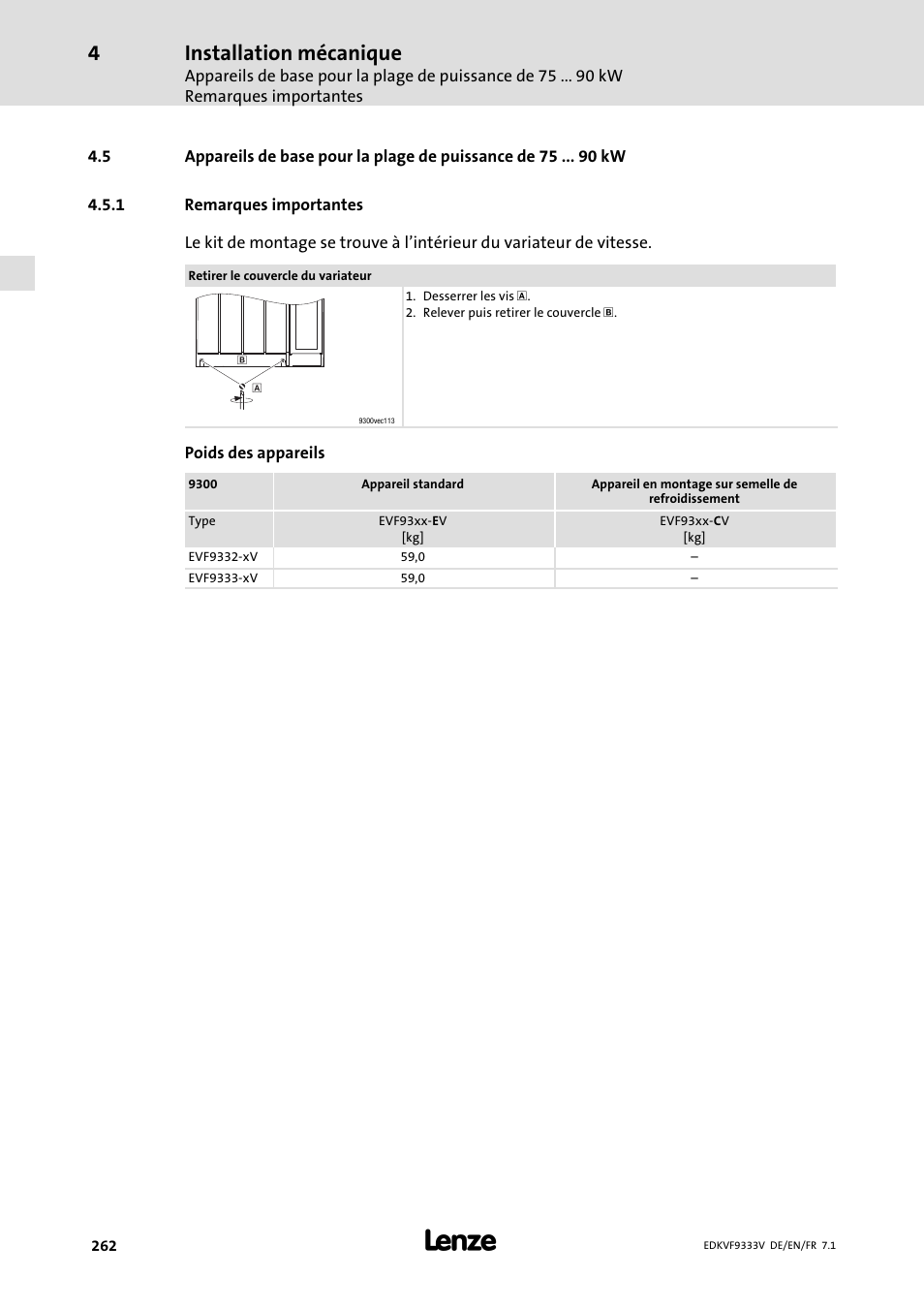 Remarques importantes, Installation mécanique | Lenze EVF9333 User Manual | Page 262 / 324