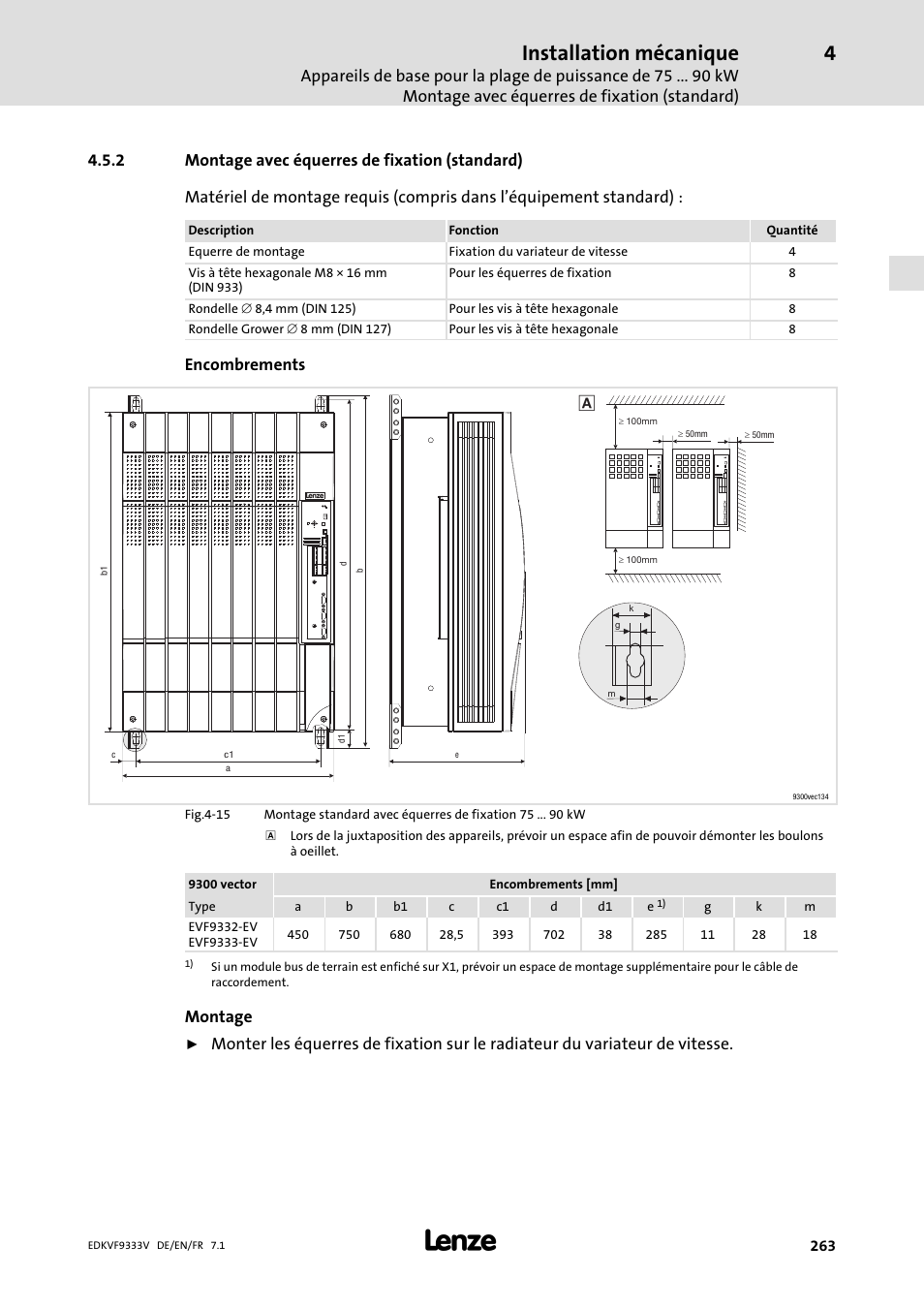 Montage avec équerres de fixation (standard), Installation mécanique, Encombrements | Montage | Lenze EVF9333 User Manual | Page 263 / 324