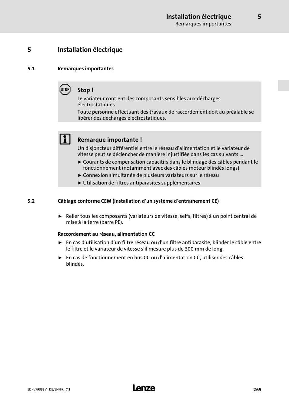 Installation électrique, Remarques importantes | Lenze EVF9333 User Manual | Page 265 / 324