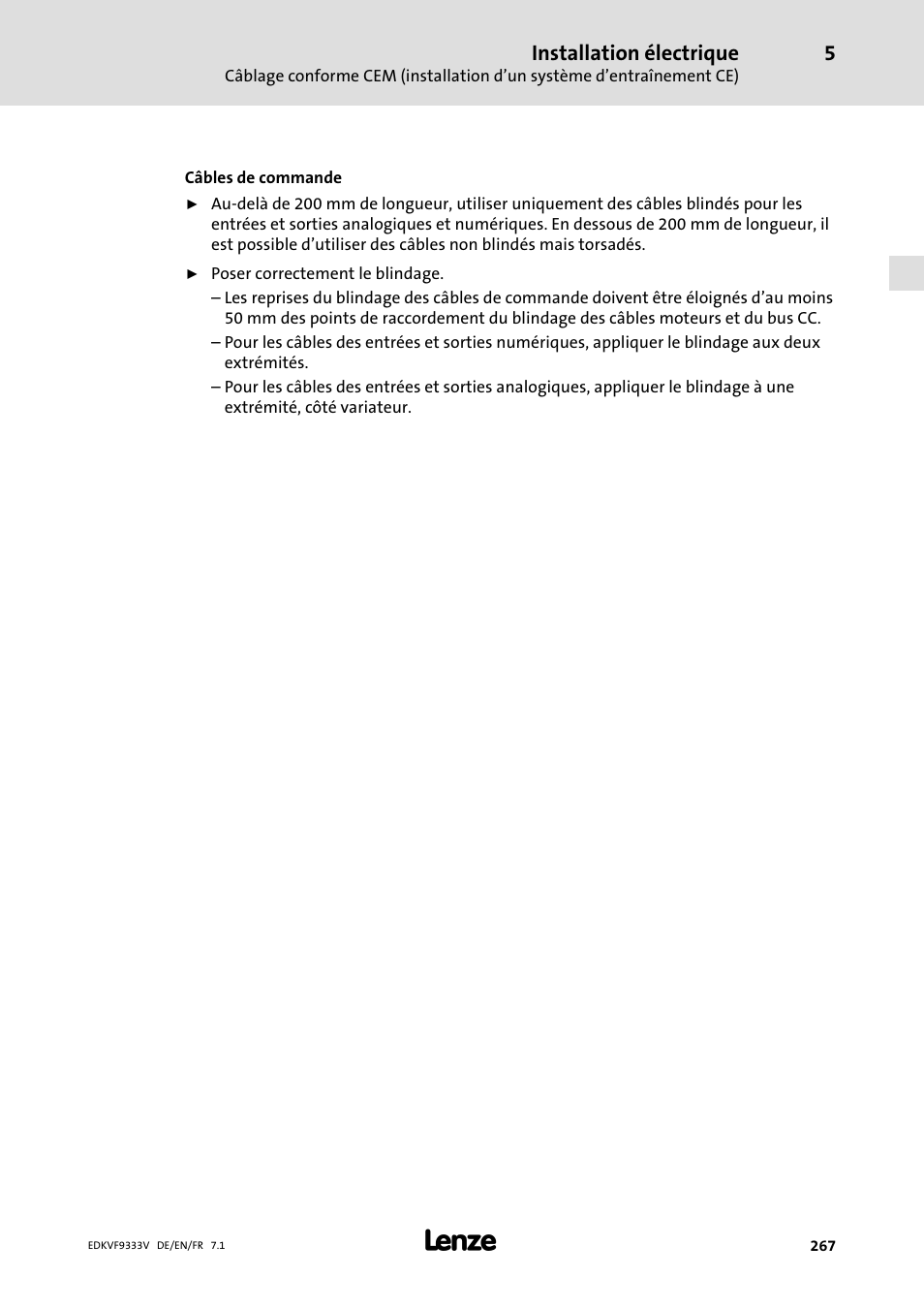 Installation électrique | Lenze EVF9333 User Manual | Page 267 / 324