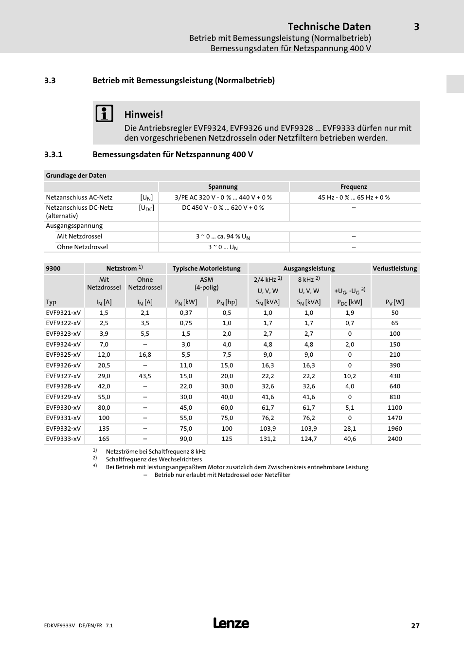 Betrieb mit bemessungsleistung (normalbetrieb), Bemessungsdaten für netzspannung 400 v, Technische daten | Hinweis, 3 betrieb mit bemessungsleistung (normalbetrieb) | Lenze EVF9333 User Manual | Page 27 / 324