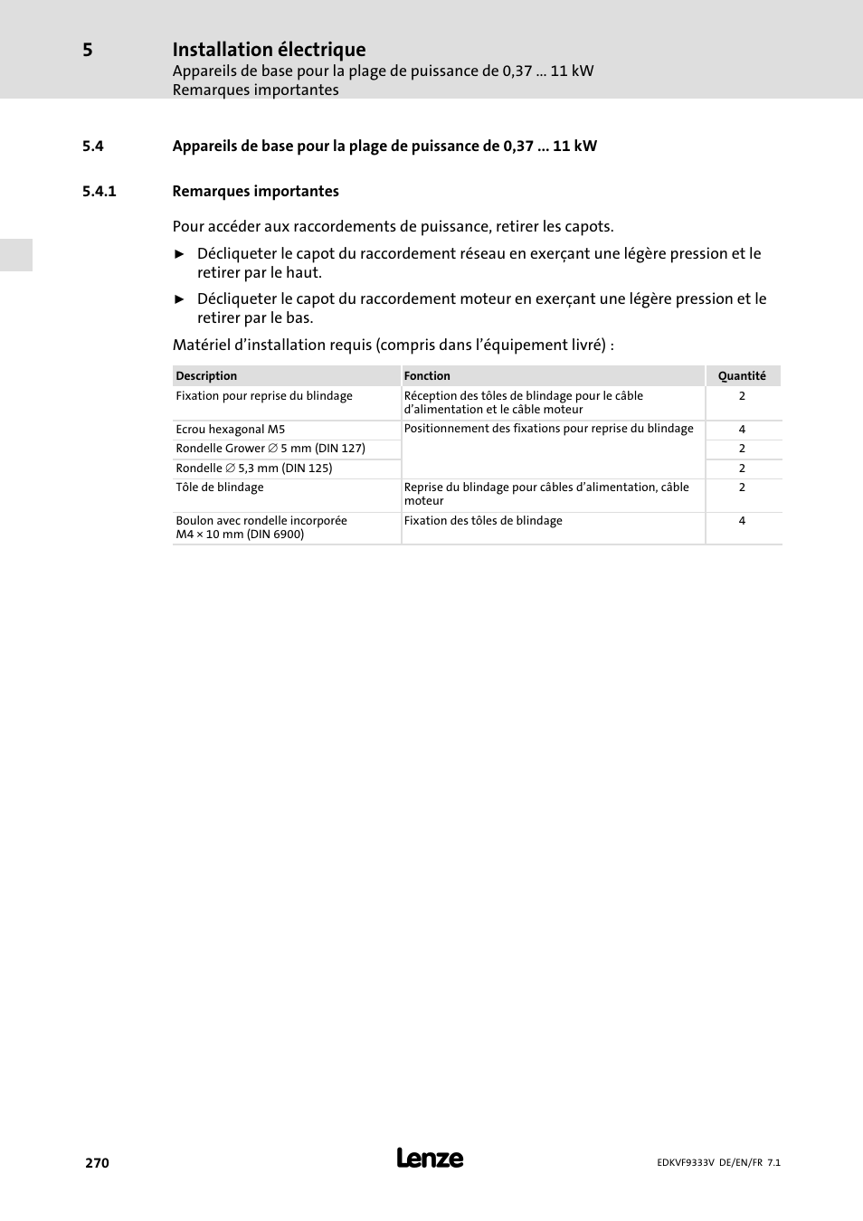 Remarques importantes, Installation électrique | Lenze EVF9333 User Manual | Page 270 / 324