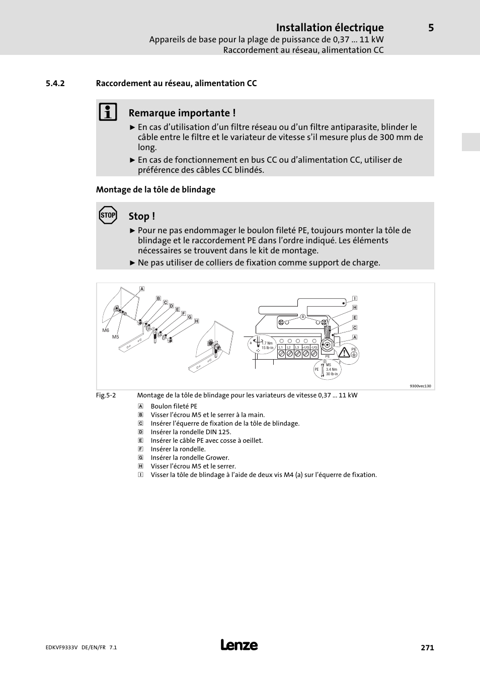 Raccordement au réseau, alimentation cc, Installation électrique, Remarque importante | Stop | Lenze EVF9333 User Manual | Page 271 / 324