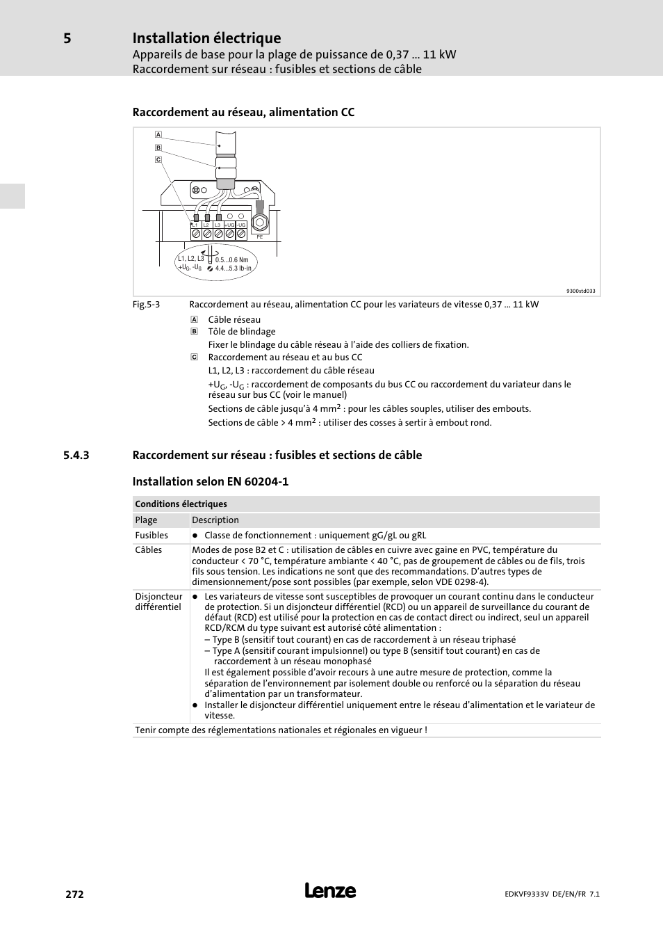 Installation électrique, Raccordement au réseau, alimentation cc | Lenze EVF9333 User Manual | Page 272 / 324