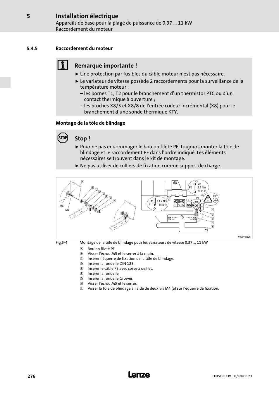 Raccordement du moteur, Installation électrique, Remarque importante | Stop | Lenze EVF9333 User Manual | Page 276 / 324