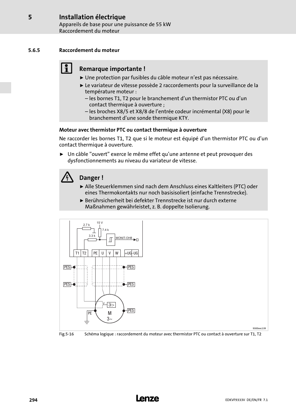 Raccordement du moteur, Installation électrique, Remarque importante | Danger | Lenze EVF9333 User Manual | Page 294 / 324