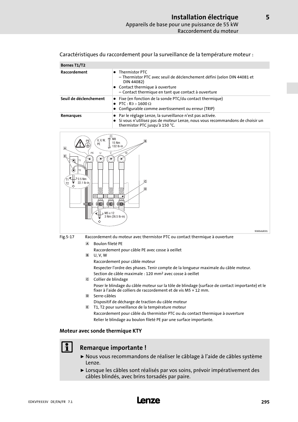 Installation électrique, Remarque importante | Lenze EVF9333 User Manual | Page 295 / 324
