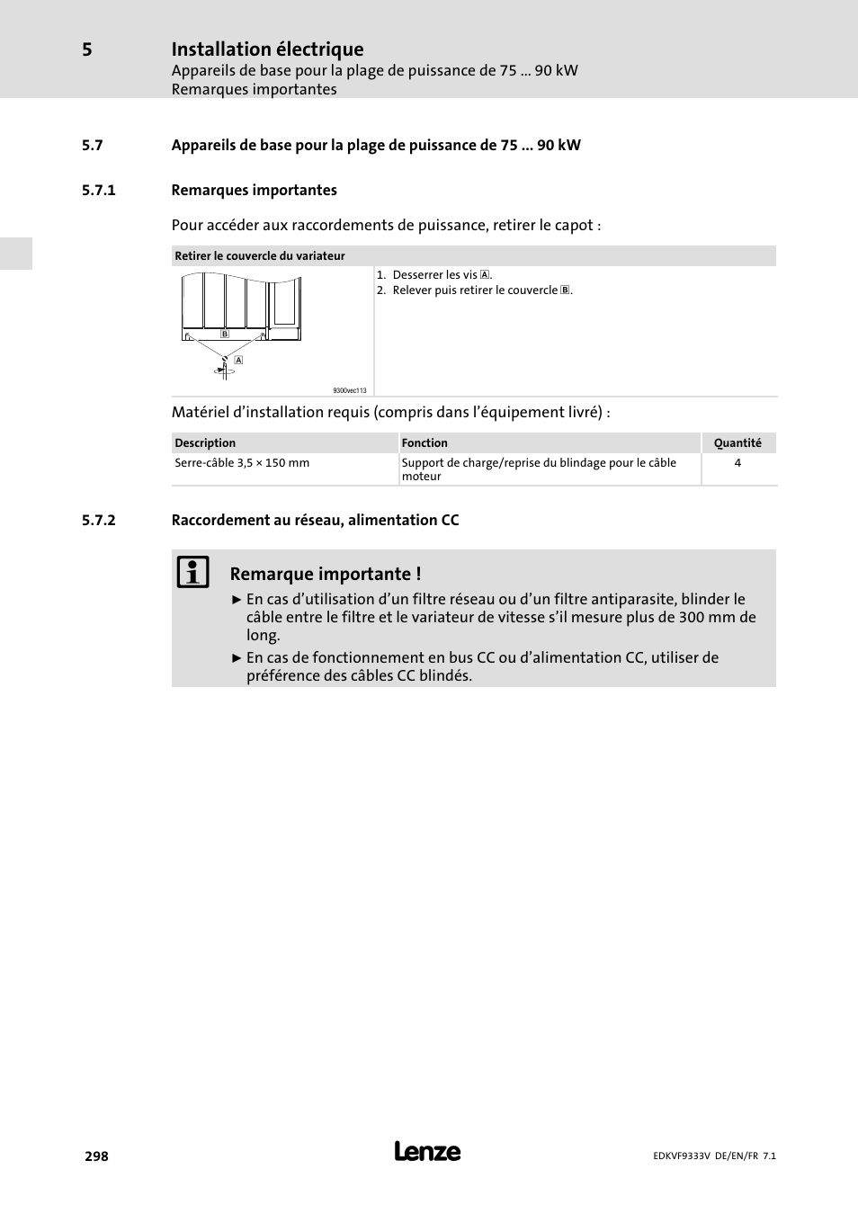 Remarques importantes, Raccordement au réseau, alimentation cc, Installation électrique | Lenze EVF9333 User Manual | Page 298 / 324
