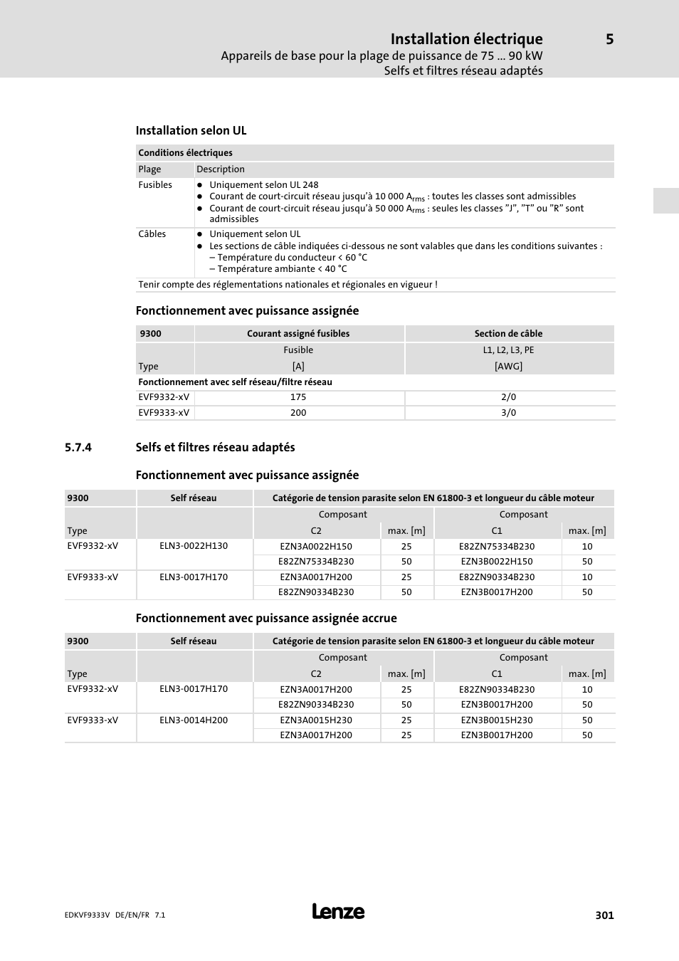 Selfs et filtres réseau adaptés, Installation électrique | Lenze EVF9333 User Manual | Page 301 / 324