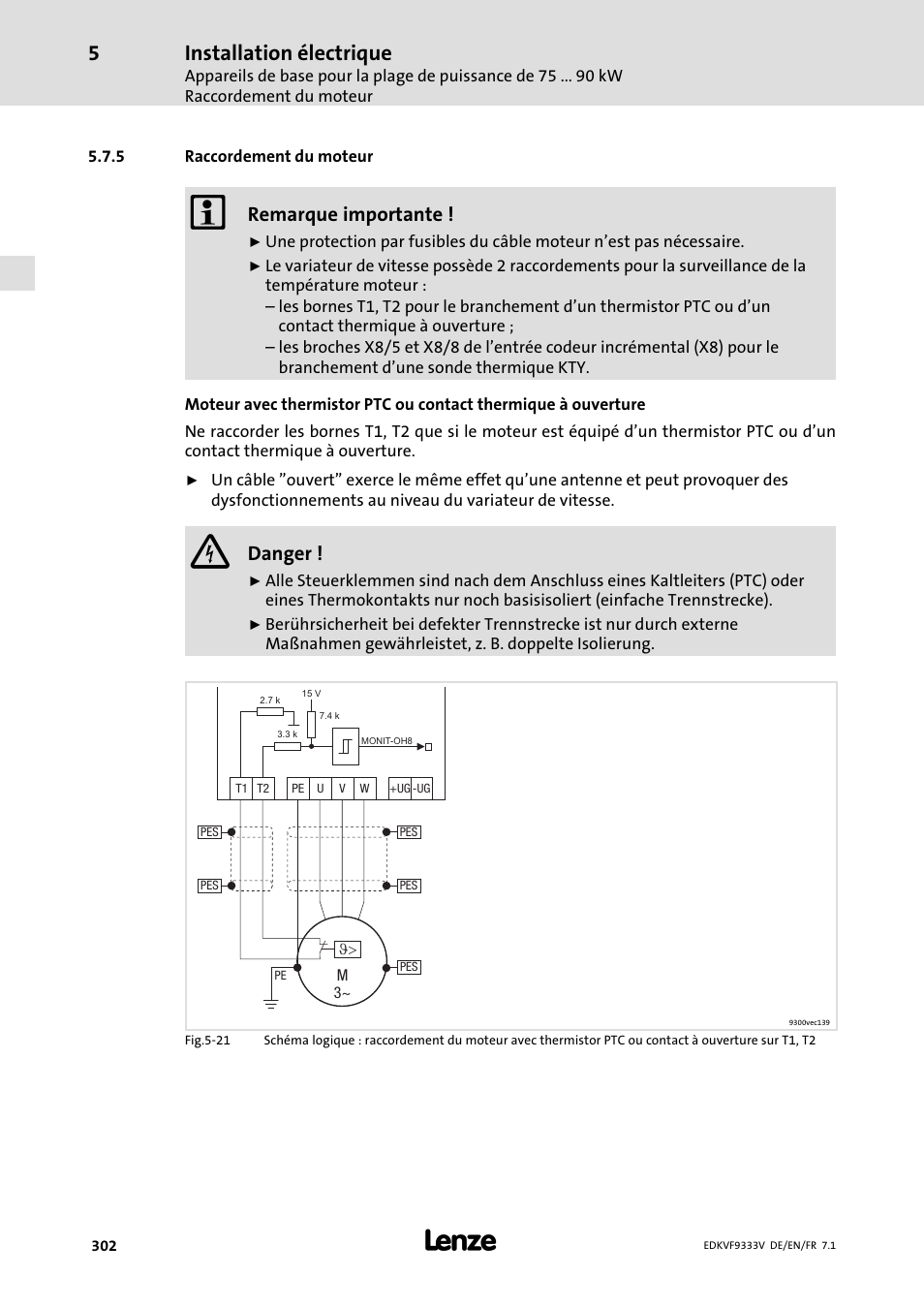 Raccordement du moteur, Installation électrique, Remarque importante | Danger | Lenze EVF9333 User Manual | Page 302 / 324