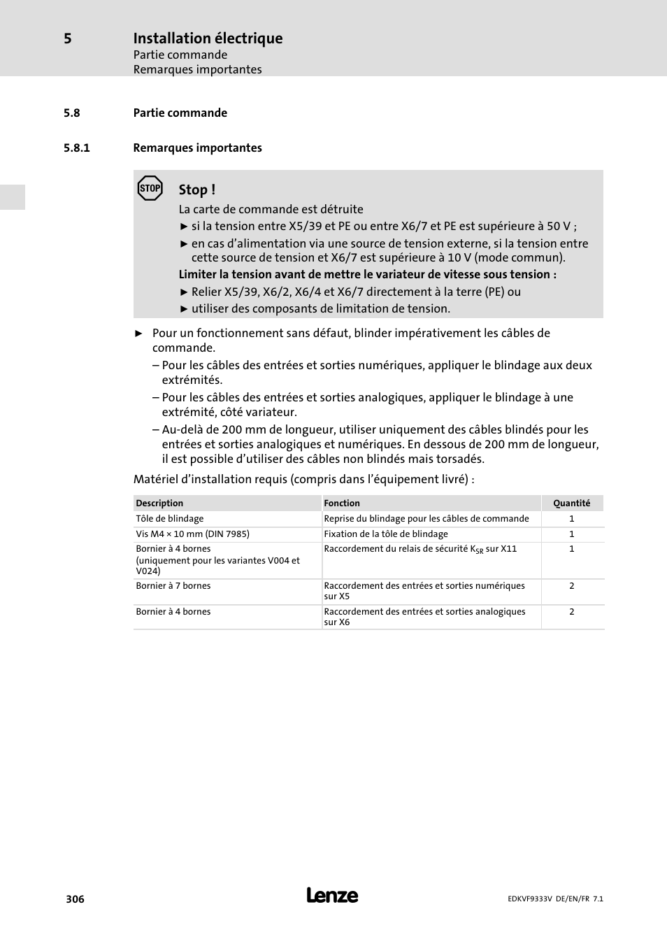 Partie commande, Remarques importantes, Installation électrique | Stop | Lenze EVF9333 User Manual | Page 306 / 324