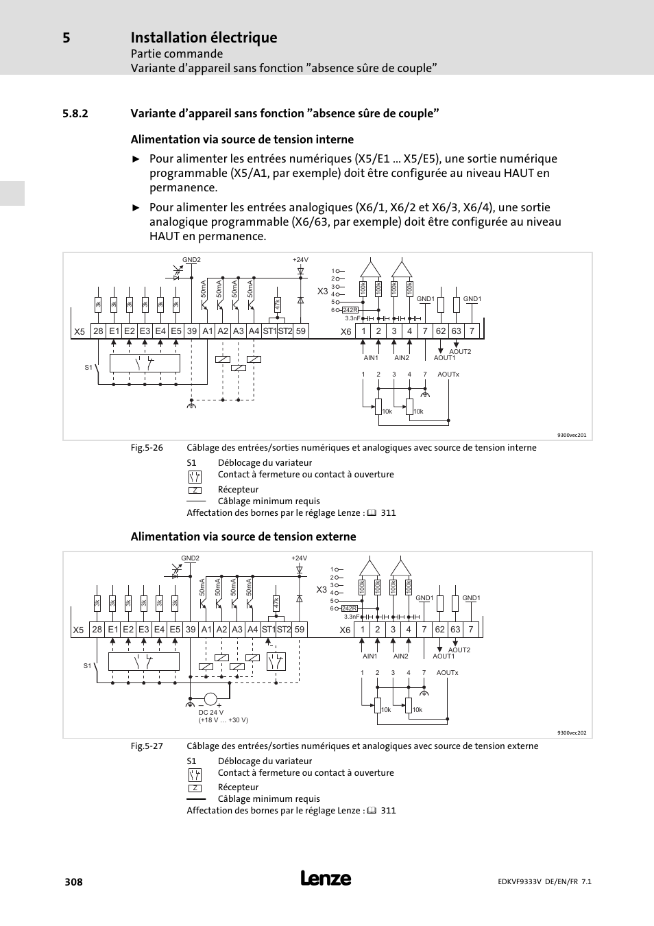 Installation électrique, Alimentation via source de tension externe | Lenze EVF9333 User Manual | Page 308 / 324