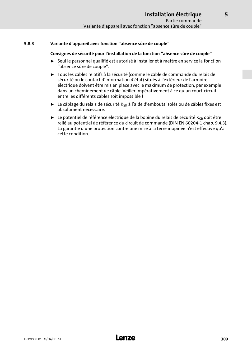 Installation électrique | Lenze EVF9333 User Manual | Page 309 / 324