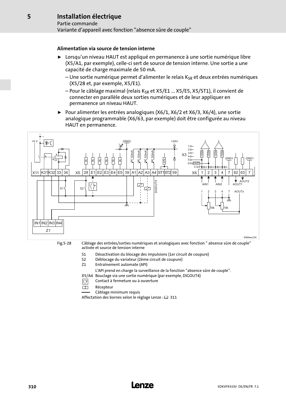 Installation électrique, Alimentation via source de tension interne | Lenze EVF9333 User Manual | Page 310 / 324