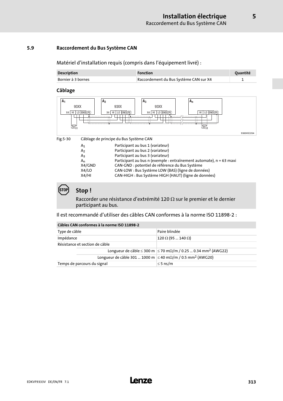 Raccordement du bus système can, Installation électrique, Stop | Câblage | Lenze EVF9333 User Manual | Page 313 / 324