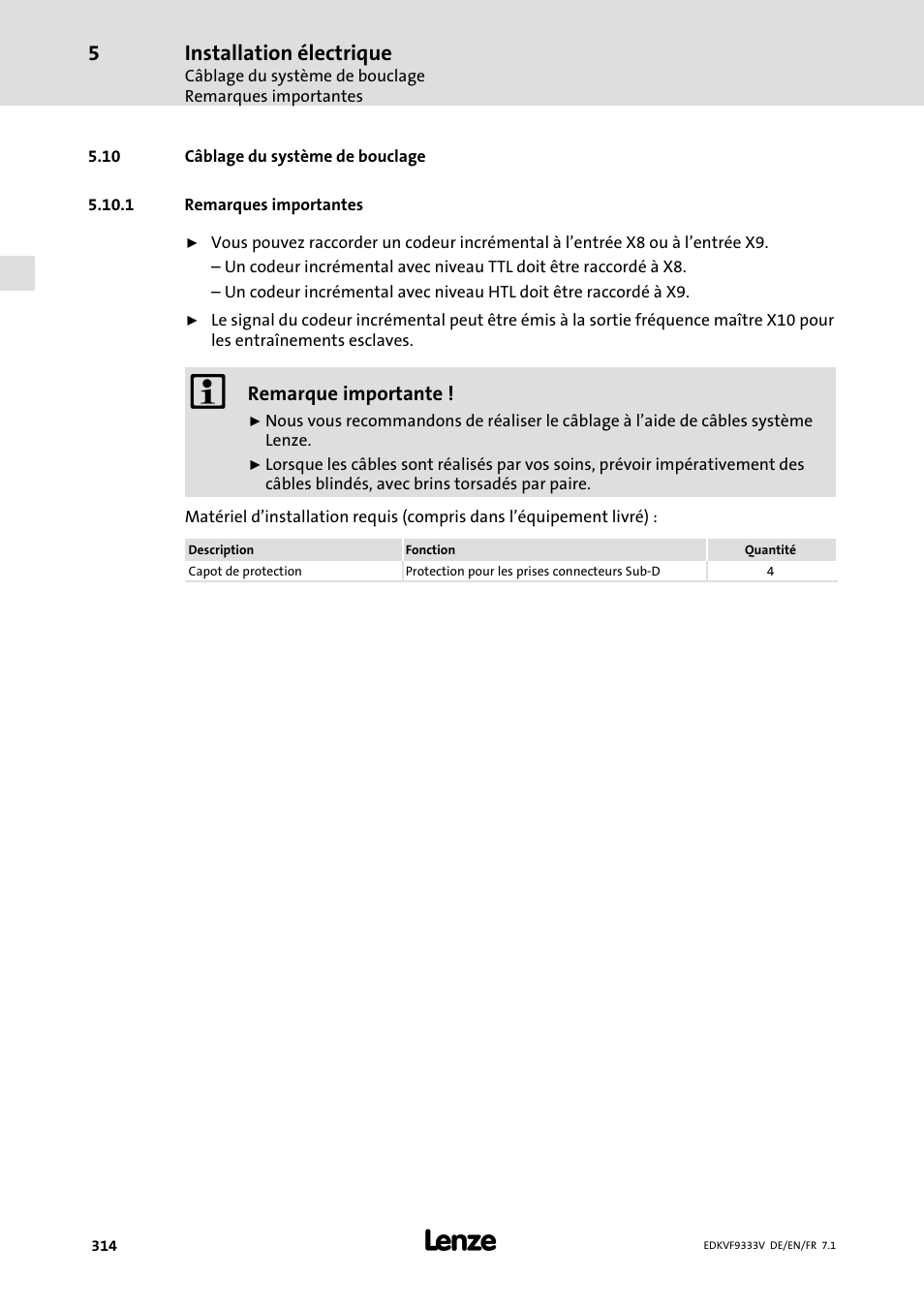 Câblage du système de bouclage, Remarques importantes, 10 câblage du système de bouclage | Installation électrique | Lenze EVF9333 User Manual | Page 314 / 324