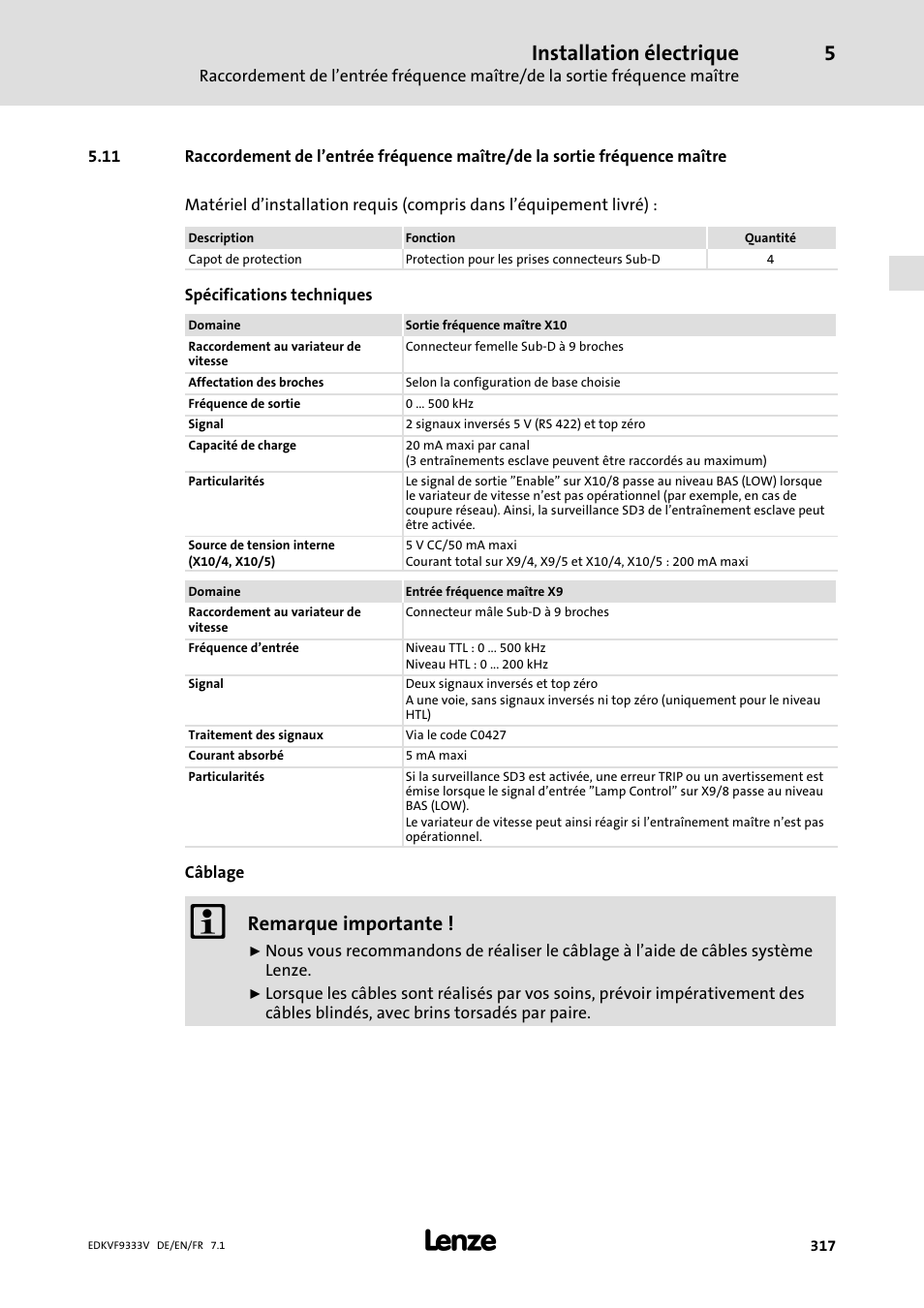 Installation électrique, Remarque importante | Lenze EVF9333 User Manual | Page 317 / 324