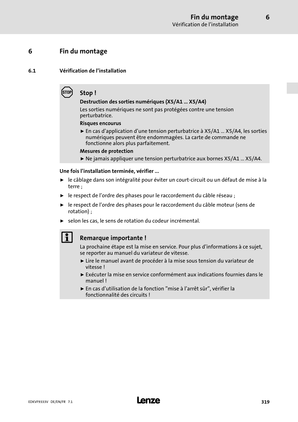 Fin du montage, Vérification de l'installation, Vérification de l’installation | Lenze EVF9333 User Manual | Page 319 / 324