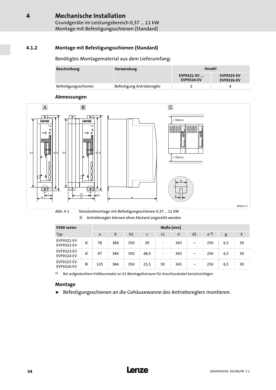 Montage mit befestigungsschienen (standard), Mechanische installation, Abmessungen | Montage | Lenze EVF9333 User Manual | Page 34 / 324