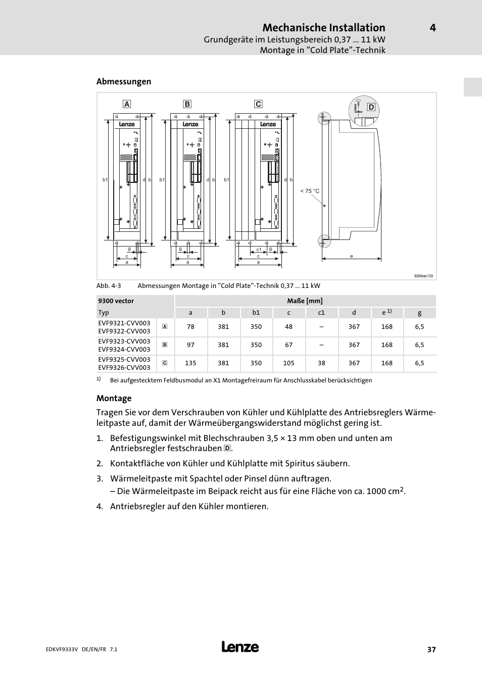Mechanische installation | Lenze EVF9333 User Manual | Page 37 / 324
