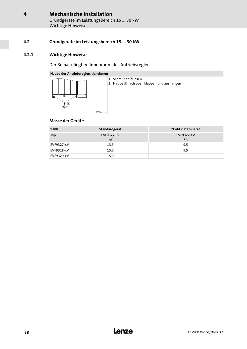 Grundgeräte im leistungsbereich 15 kw, Wichtige hinweise, Mechanische installation | Lenze EVF9333 User Manual | Page 38 / 324