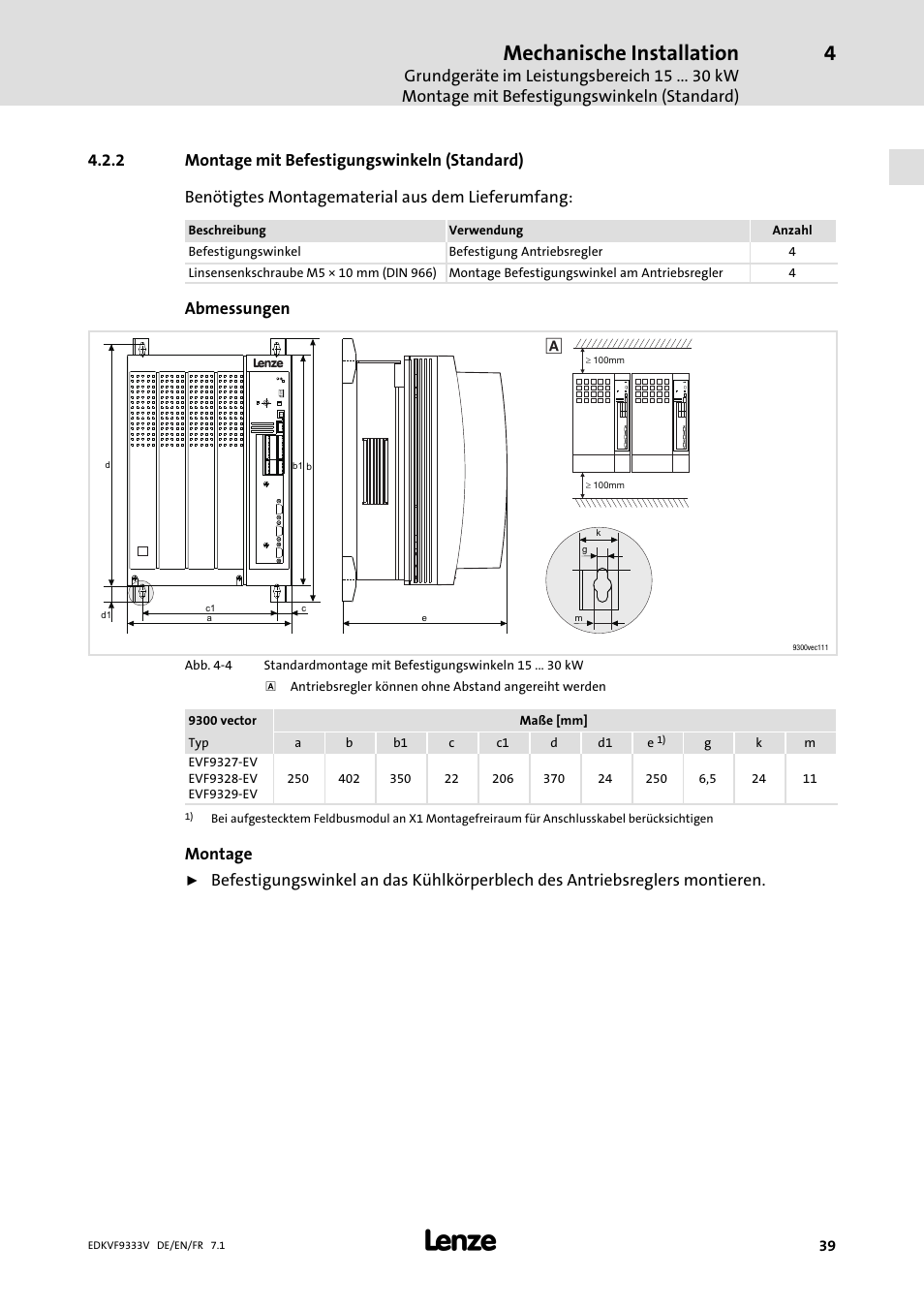 Montage mit befestigungswinkeln (standard), Mechanische installation, Abmessungen | Montage | Lenze EVF9333 User Manual | Page 39 / 324