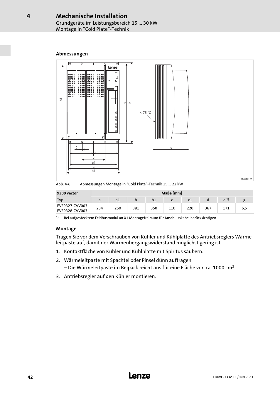 Mechanische installation | Lenze EVF9333 User Manual | Page 42 / 324