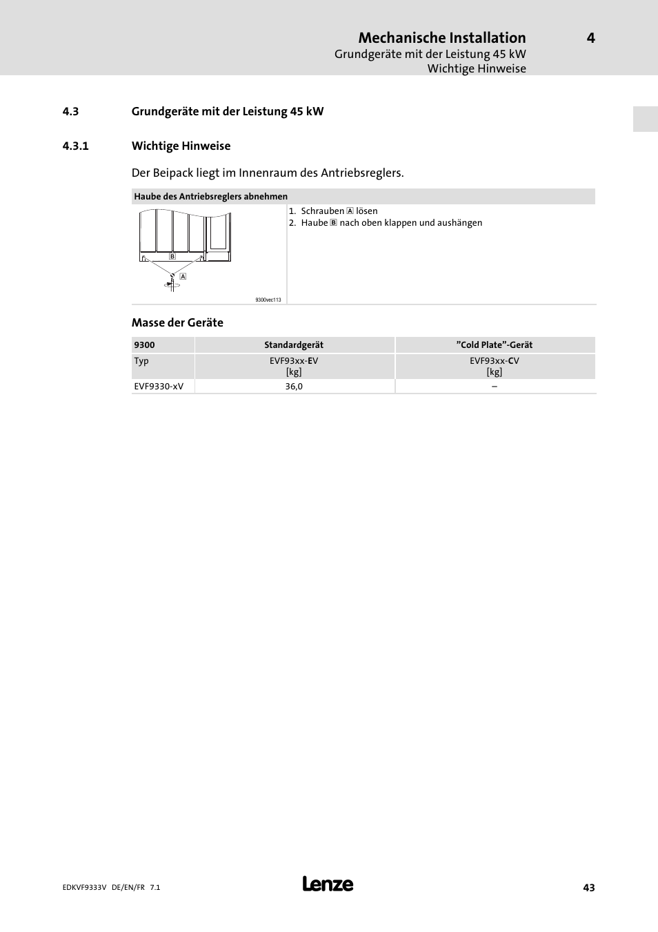 Grundgeräte mit der leistung 45 kw, Wichtige hinweise, Mechanische installation | Lenze EVF9333 User Manual | Page 43 / 324