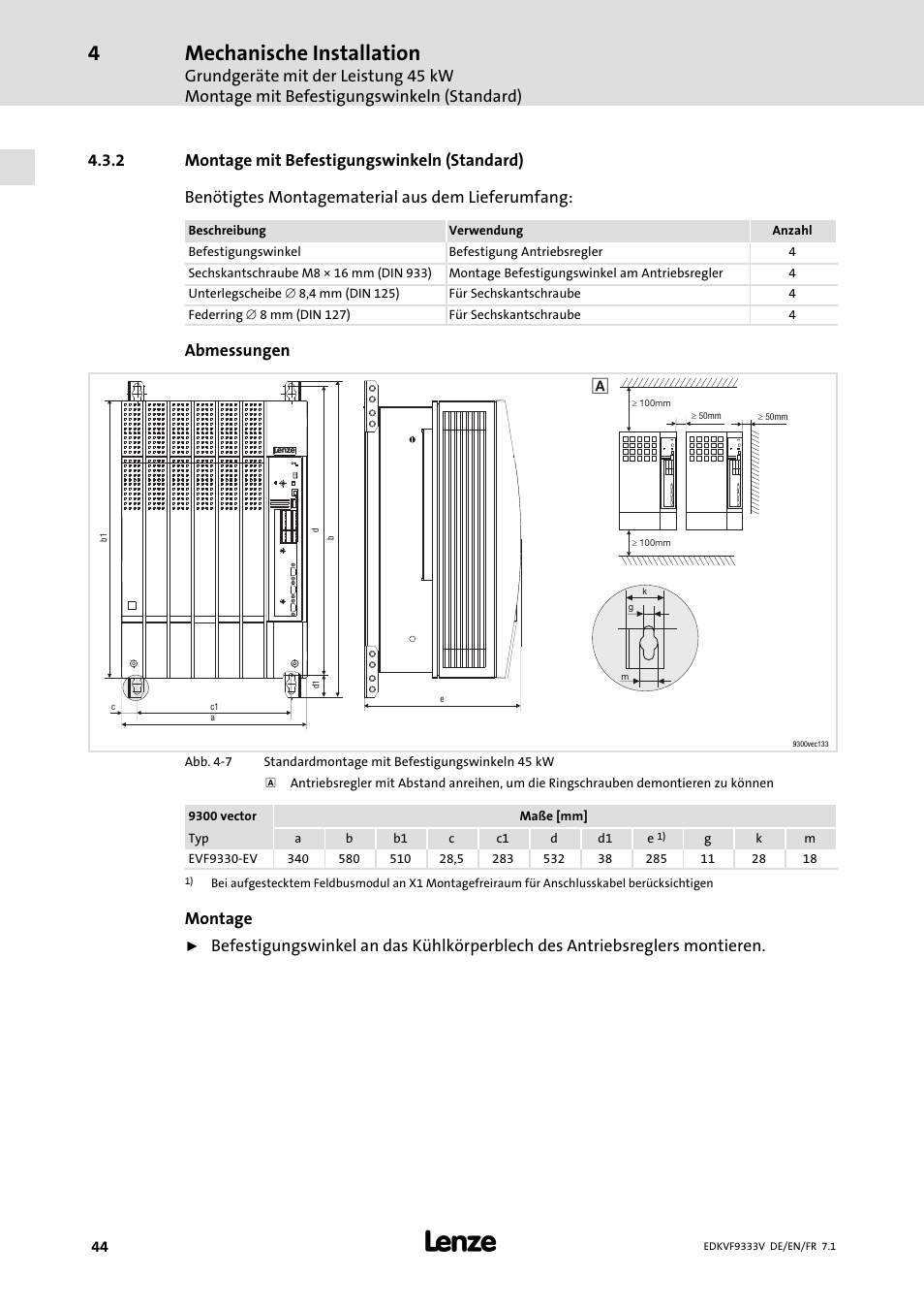 Montage mit befestigungswinkeln (standard), Mechanische installation, Abmessungen | Montage | Lenze EVF9333 User Manual | Page 44 / 324