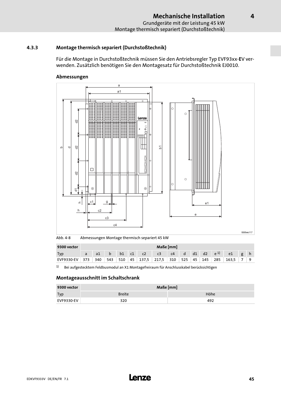 Montage thermisch separiert (durchstoßtechnik), Mechanische installation, Montageausschnitt im schaltschrank | Lenze EVF9333 User Manual | Page 45 / 324