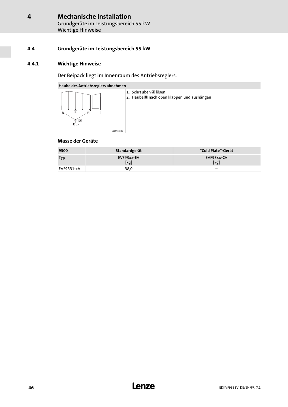 Grundgeräte im leistungsbereich 55 kw, Wichtige hinweise, Mechanische installation | Lenze EVF9333 User Manual | Page 46 / 324