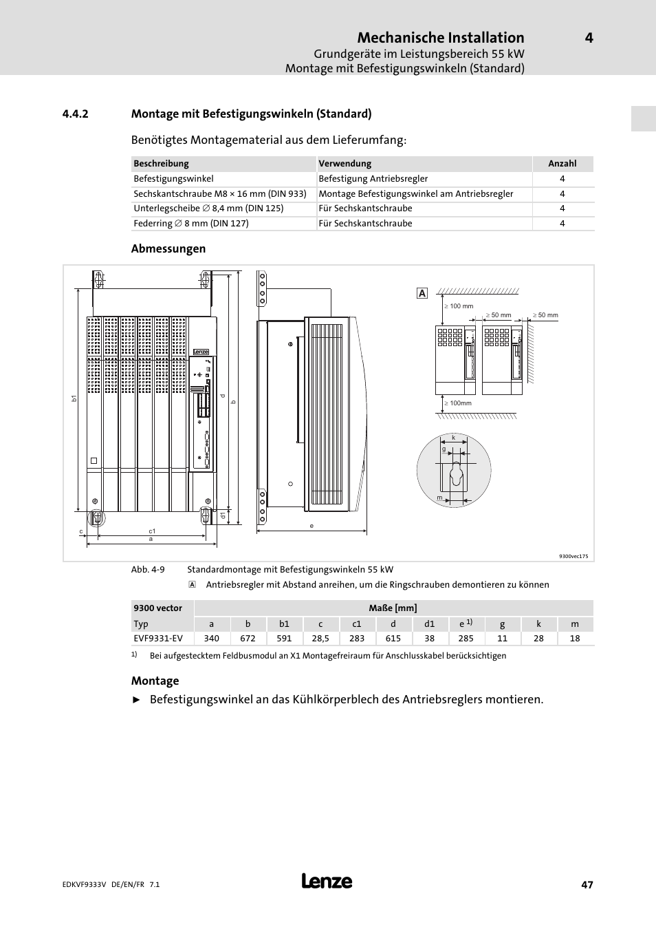 Montage mit befestigungswinkeln (standard), Mechanische installation, Abmessungen | Montage | Lenze EVF9333 User Manual | Page 47 / 324