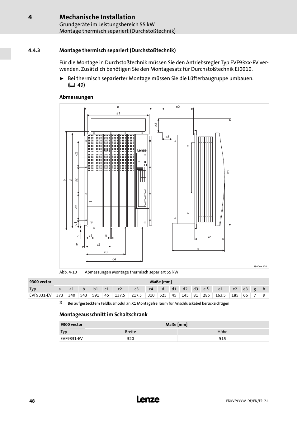 Montage thermisch separiert (durchstoßtechnik), Mechanische installation, Montageausschnitt im schaltschrank | Lenze EVF9333 User Manual | Page 48 / 324