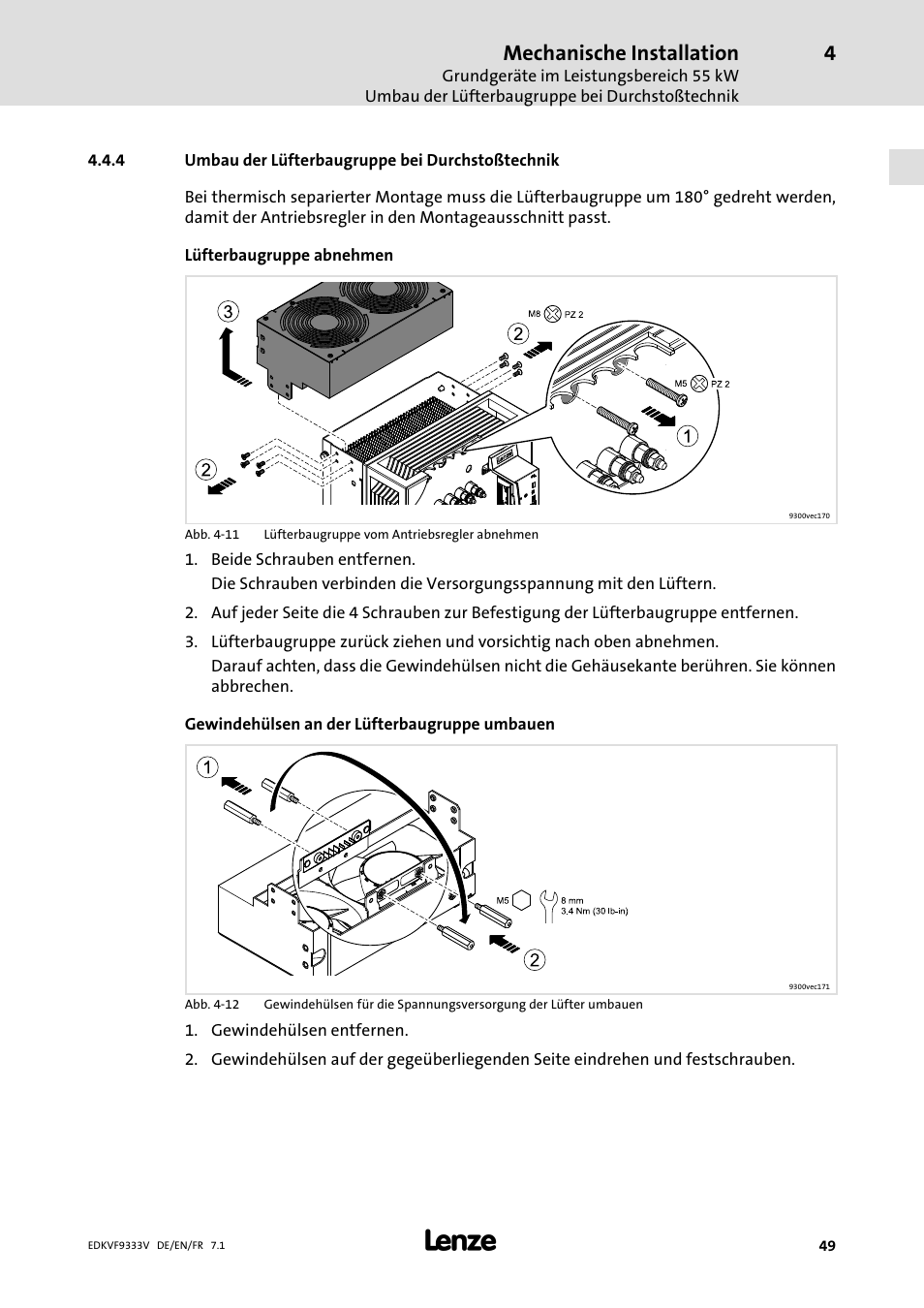 Umbau der lüfterbaugruppe bei durchstoßtechnik, Mechanische installation | Lenze EVF9333 User Manual | Page 49 / 324