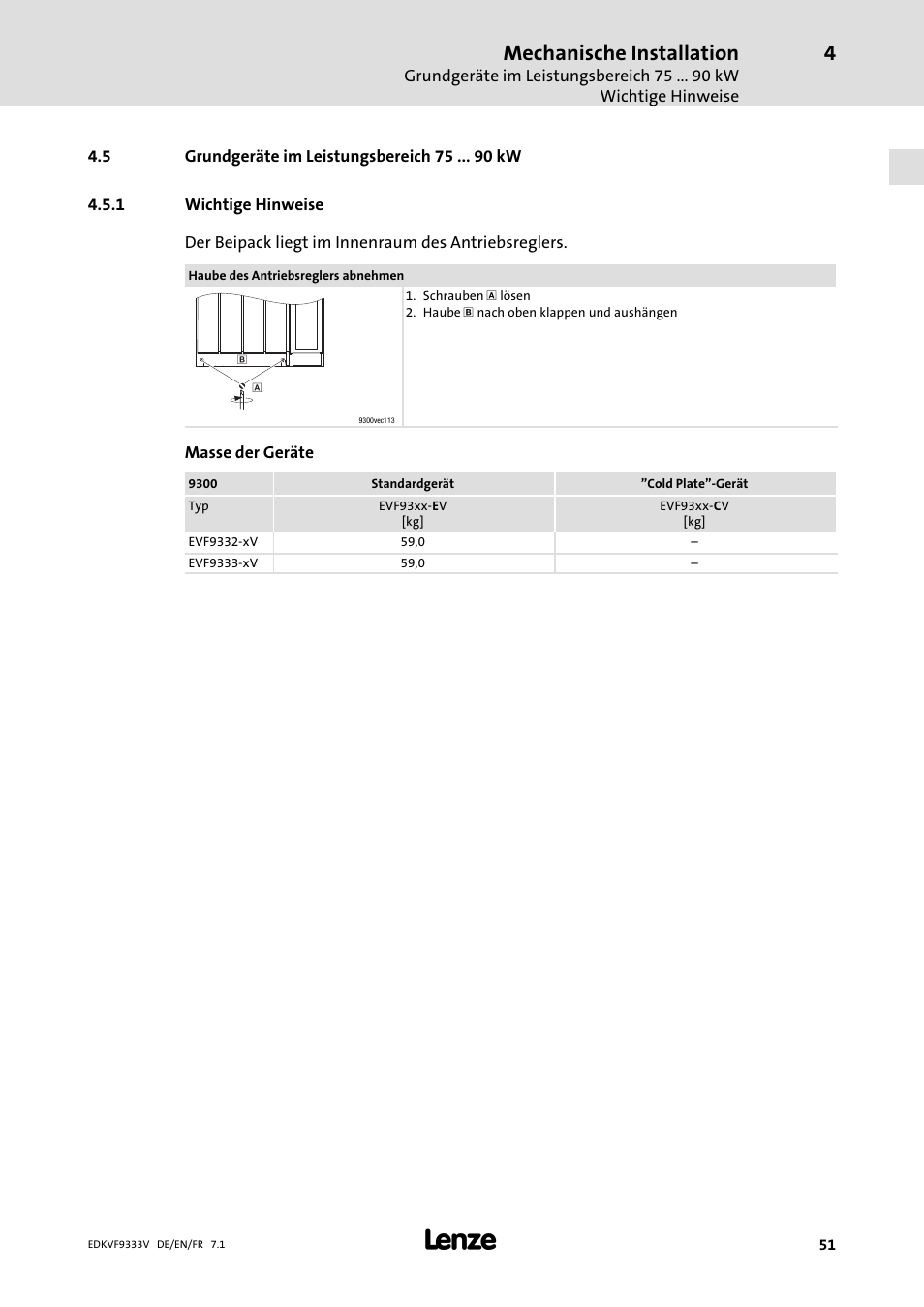 Grundgeräte im leistungsbereich 75 kw, Wichtige hinweise, Mechanische installation | Lenze EVF9333 User Manual | Page 51 / 324