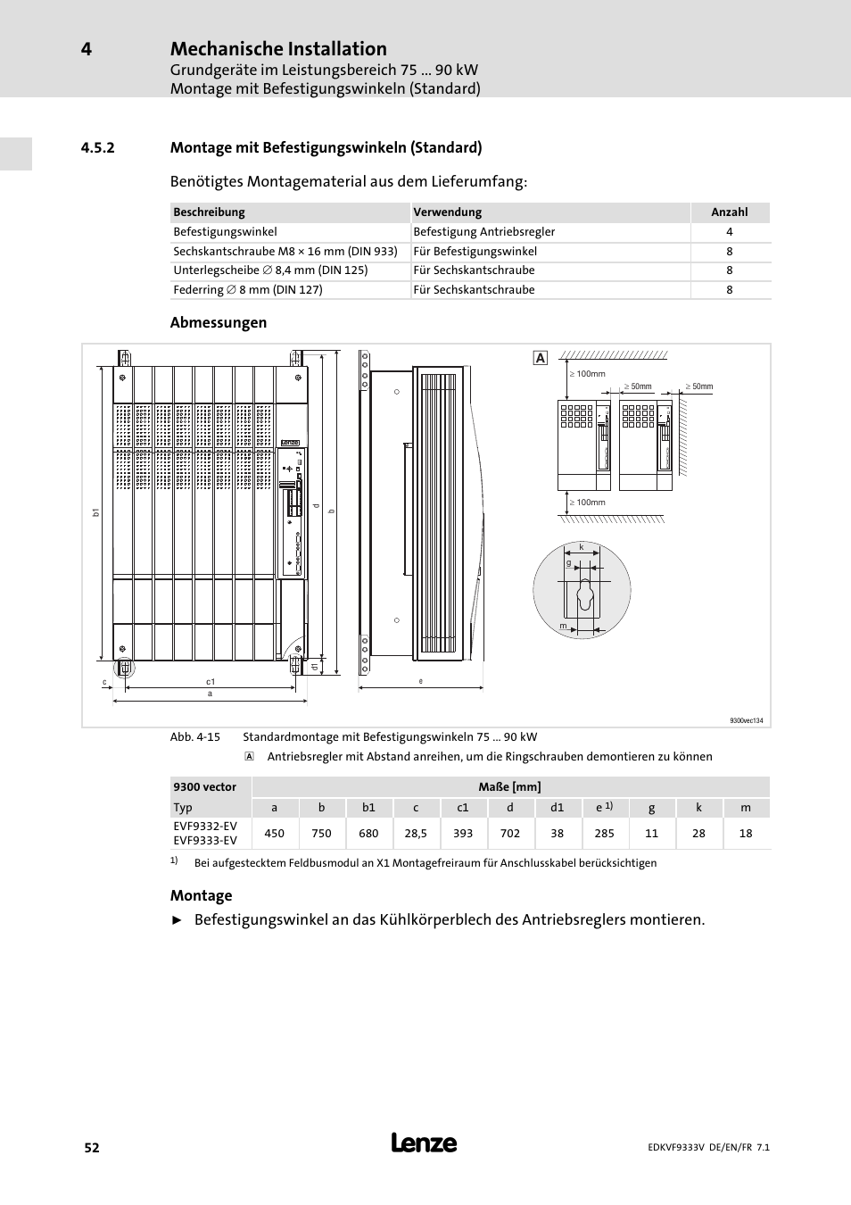 Montage mit befestigungswinkeln (standard), Mechanische installation, Abmessungen | Montage | Lenze EVF9333 User Manual | Page 52 / 324