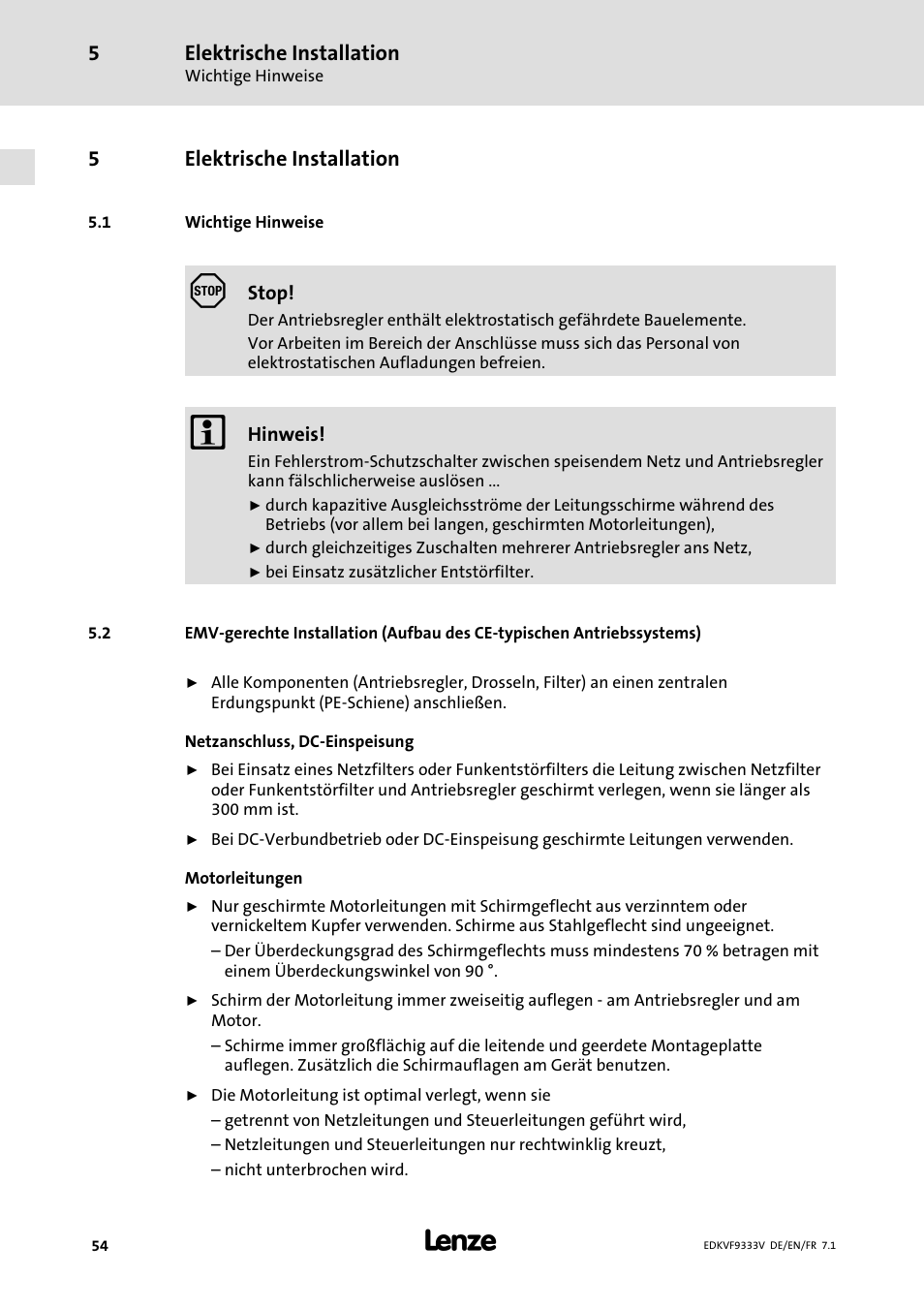 Elektrische installation, Wichtige hinweise | Lenze EVF9333 User Manual | Page 54 / 324