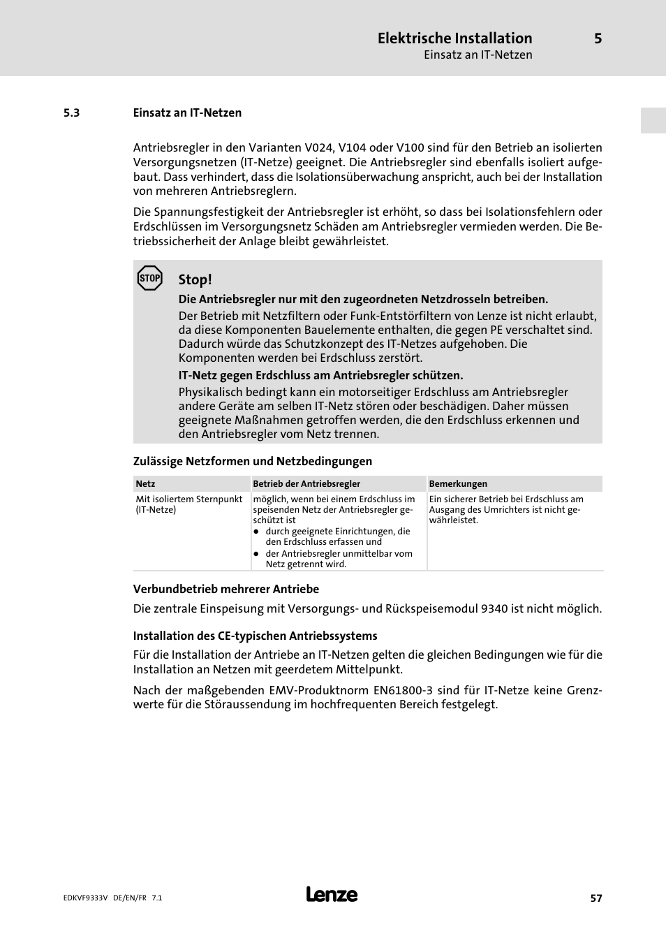 Einsatz an it-netzen, Einsatz an it−netzen, Elektrische installation | Lenze EVF9333 User Manual | Page 57 / 324