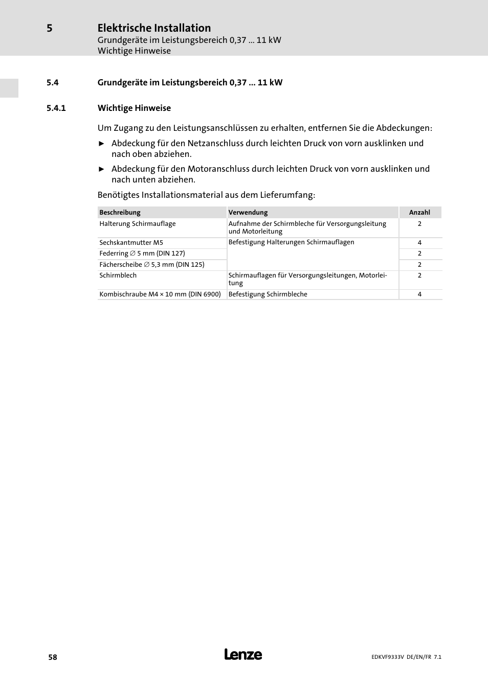 Grundgeräte im leistungsbereich 0,37 kw, Wichtige hinweise, Elektrische installation | Lenze EVF9333 User Manual | Page 58 / 324