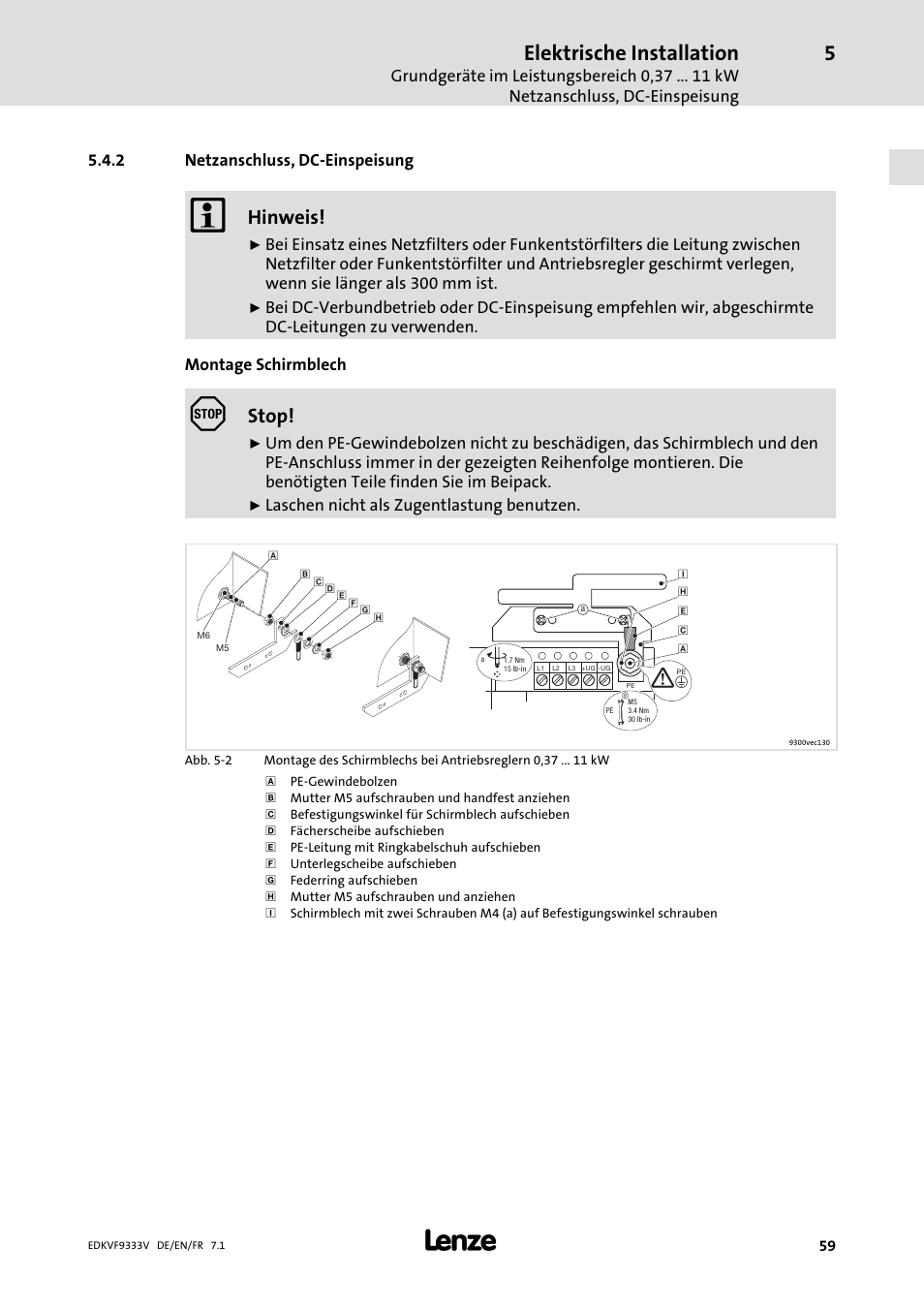 Netzanschluss, dc-einspeisung, Netzanschluss, dc−einspeisung, Elektrische installation | Hinweis, Stop | Lenze EVF9333 User Manual | Page 59 / 324